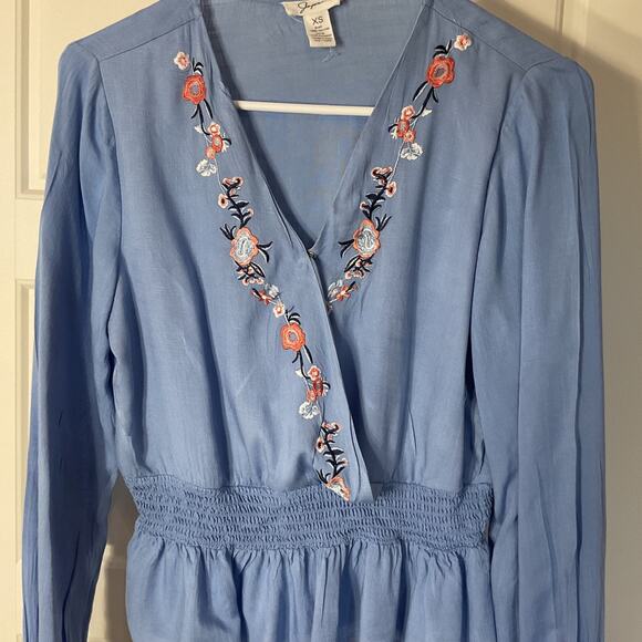 Japra Surplice Denim Blue LongSleeve Embroidered Smocked WaistFloral Blouse XS - Picture 2 of 6